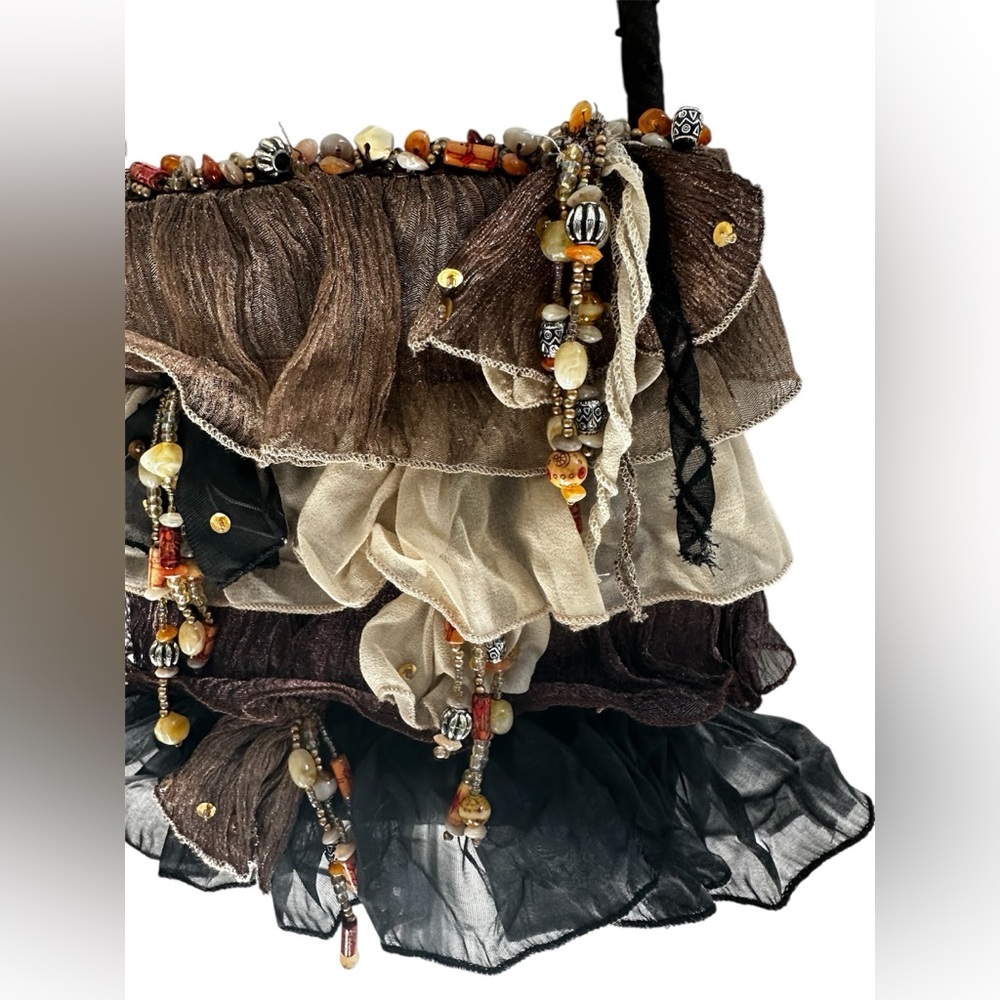 Mary Frances Boho tiered Ruffle designer brown black beige Handbag Beaded VTG - Picture 2 of 6